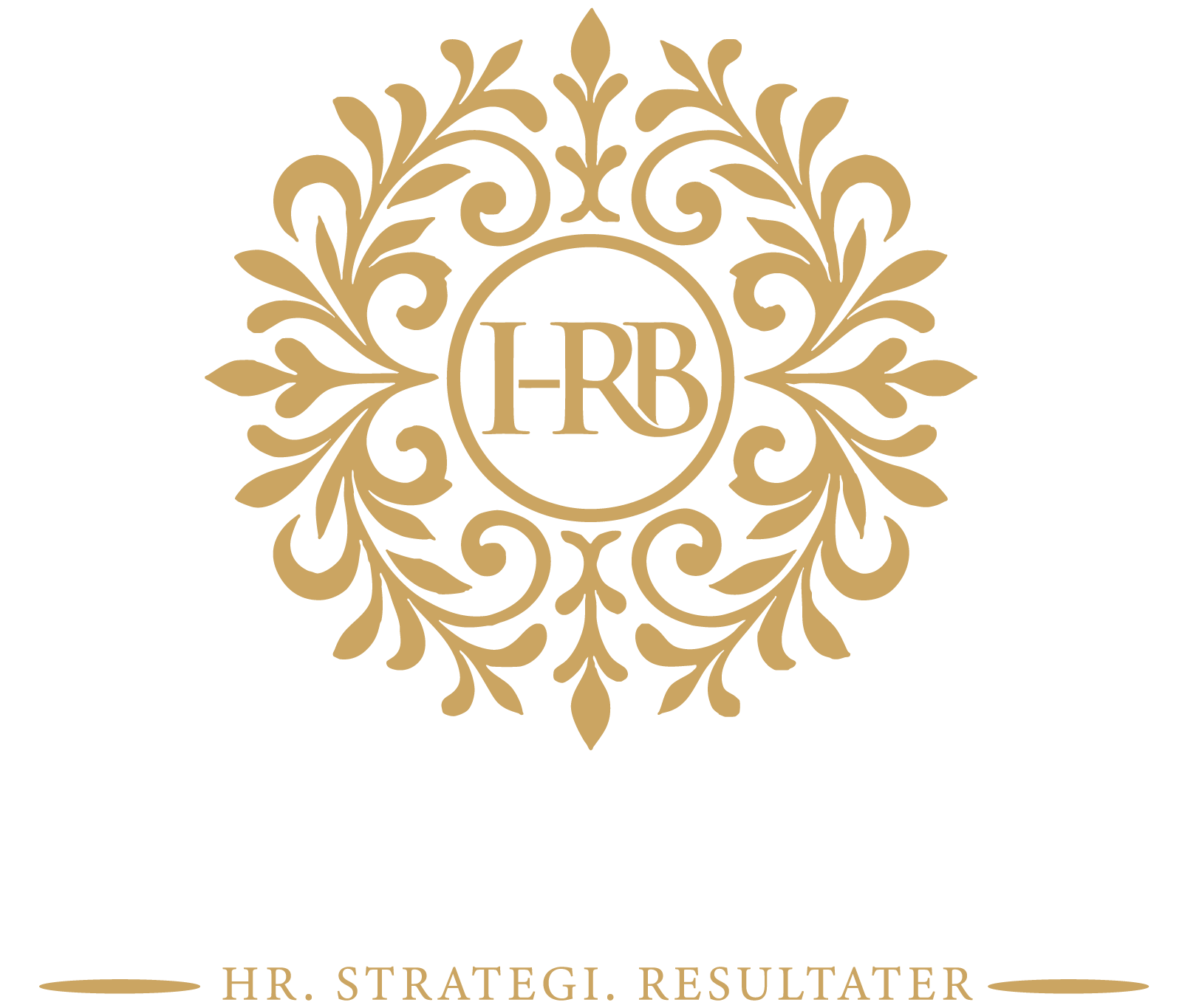Logo til HR & Business AS, en rund bord i gull-farge med bokstavene H, R og B i midten. Nedenfor står firmanavnet HR & Business AS i hvit, og under der igjen står slagordet "HR. Strategi. Resultater" i gull